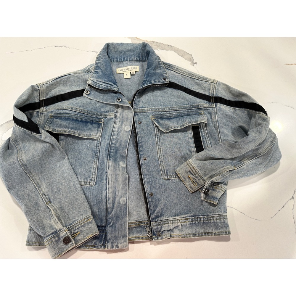 Saltwater Luxe Women Light Wash Denim Jacket Black Stripe Tape Detail Small